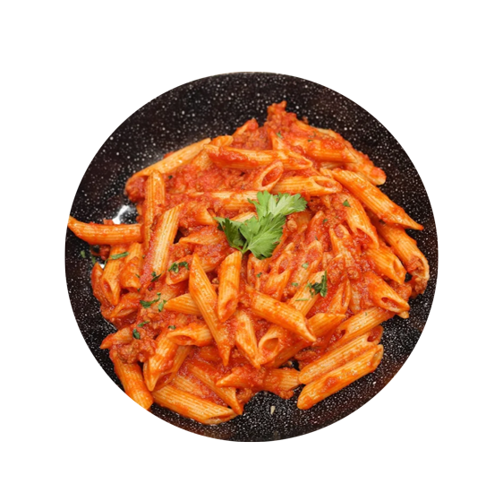 Penne pasta coated in rich tomato sauce, garnished with parsley in Rosyth.