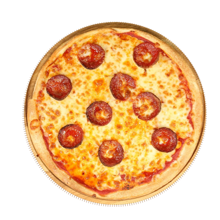 Round pepperoni pizza with melted cheese on a wooden serving board.